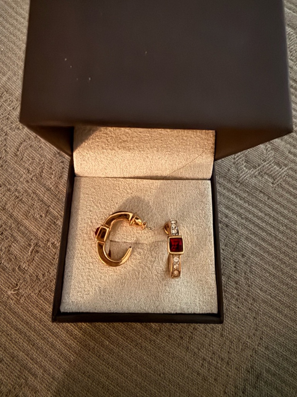 Vintage 1928 Gold-Tone Earrings with Deep Red Square Stones and Clear Crystals - Picture 2 of 2